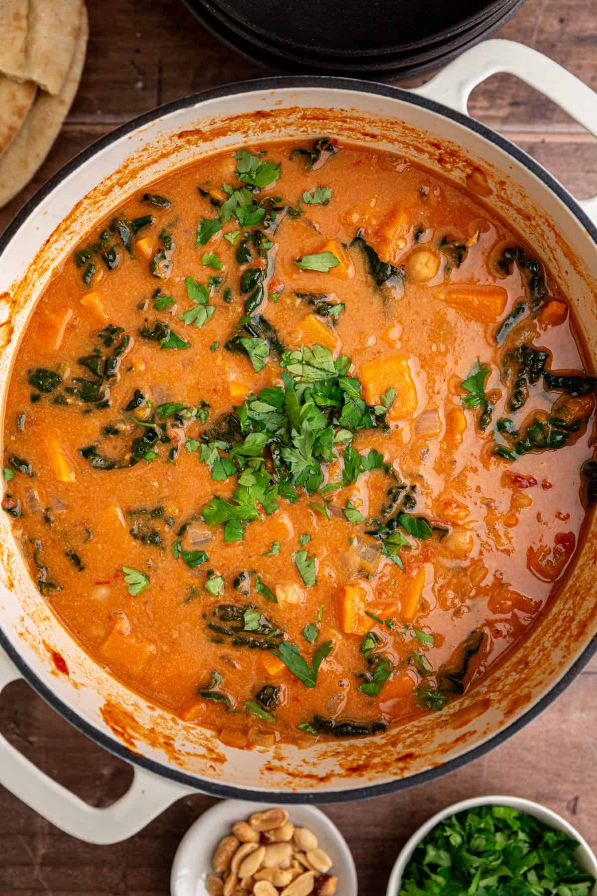 A pot of freshly cooked African peanut stew.