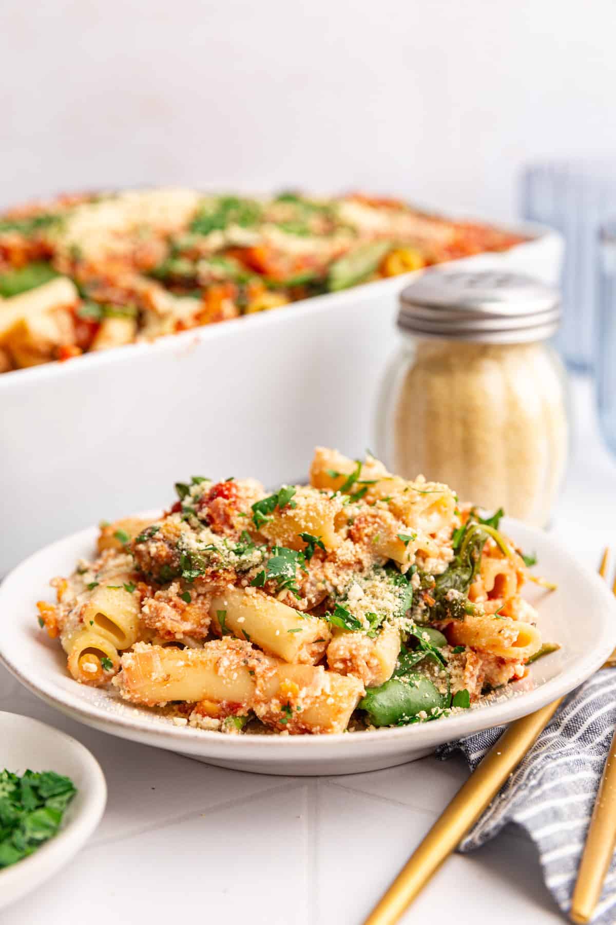 A plate of vegan baked ziti, ready to eat.
