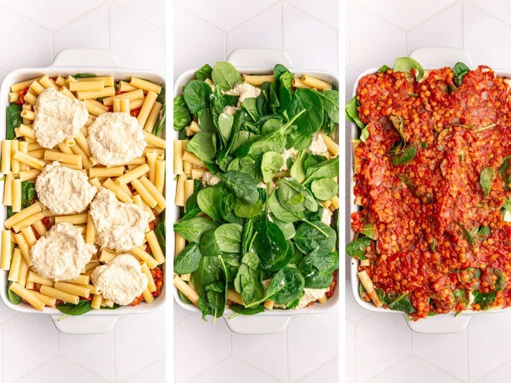 Vegan Baked Ziti Step 5 - layer the ingredients into the dish.