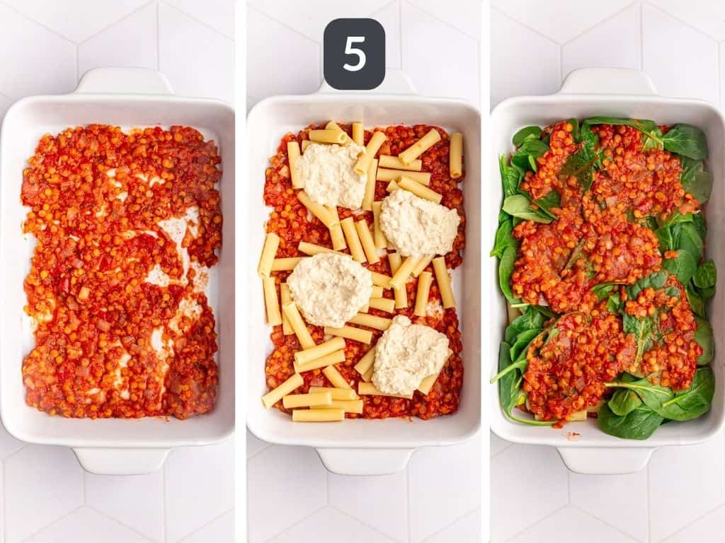 Vegan Baked Ziti Step 5 - layer the ingredients into the dish.