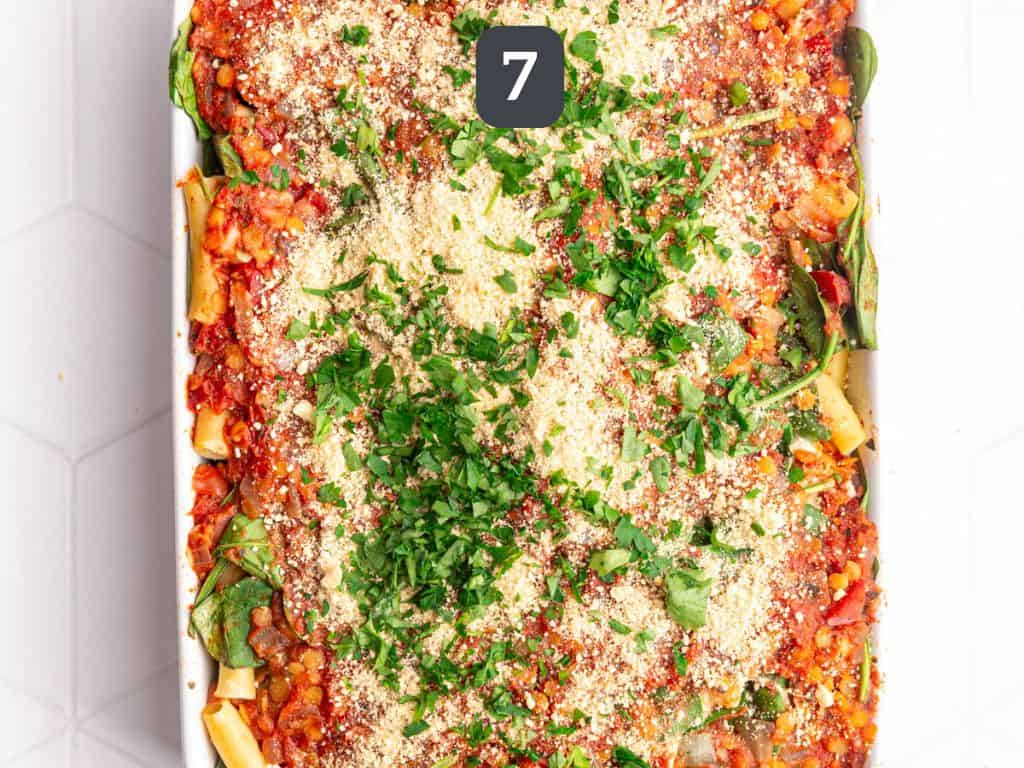 Vegan Baked Ziti Step 7 - top with parm and parsley.