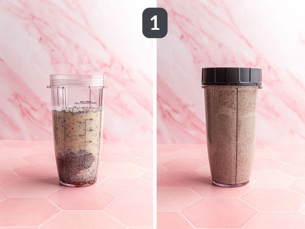 Blended chia pudding step 1 - add the ingredients to a blender and blend until smooth.