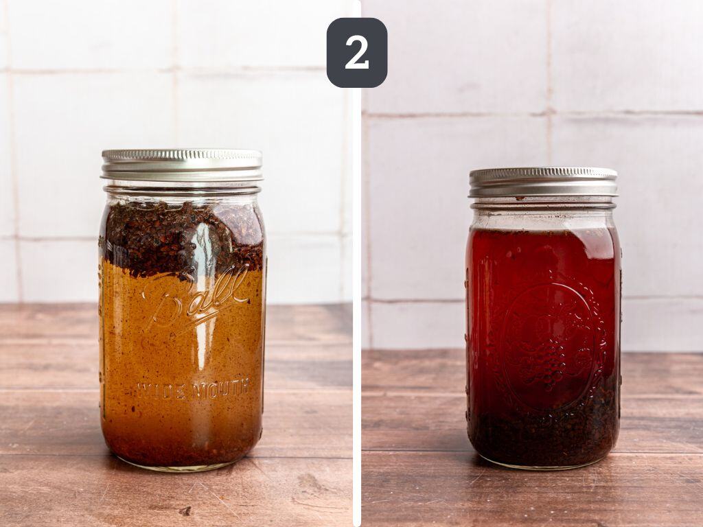 Decaf cold brew step 2 - add the coffee and water to a jar and brew.