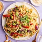 A thai noodle bowl, with a fork, ready to serve.
