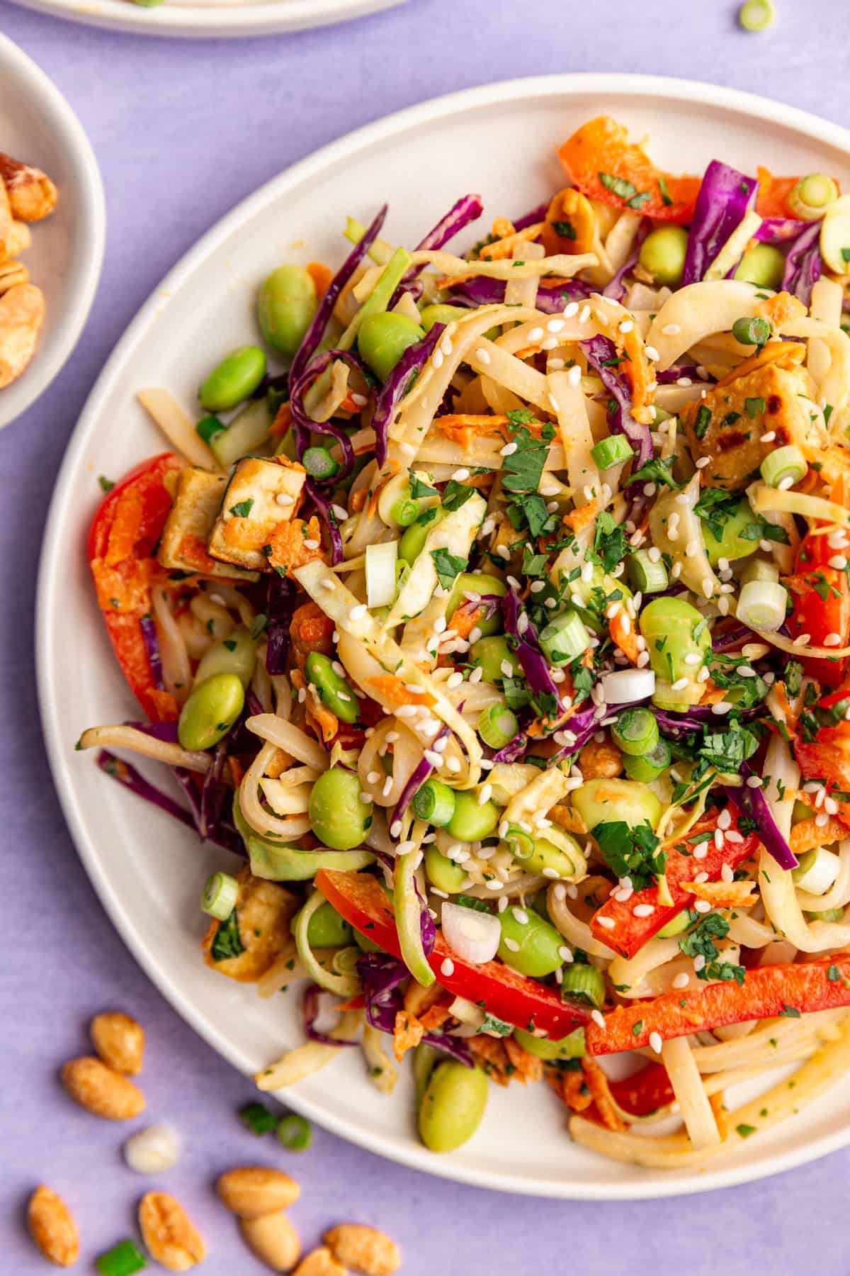A plate of Thai noodles, garnished with cilantro and scallions.