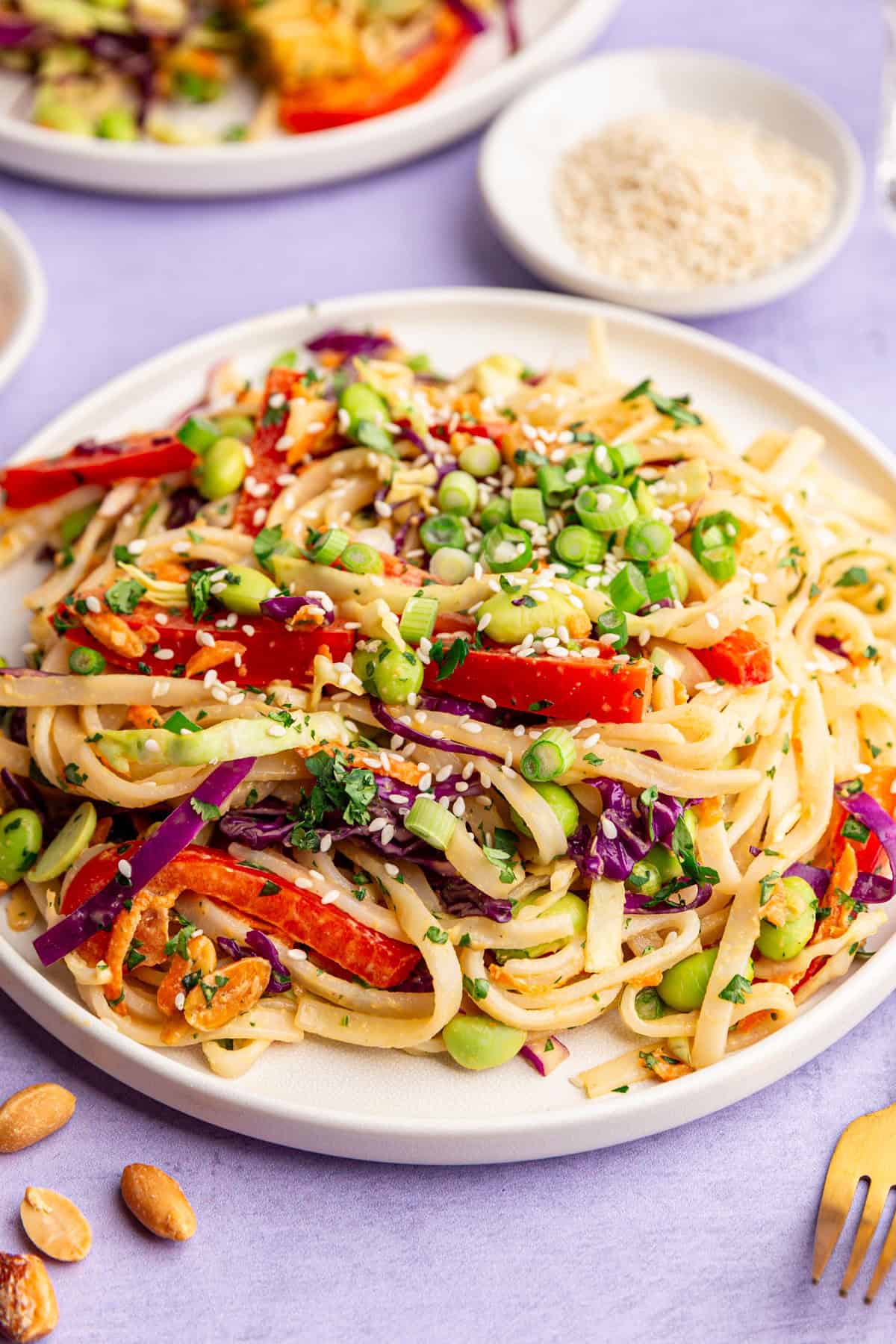 A plate of Thai noodles, garnished with cilantro and scallions.