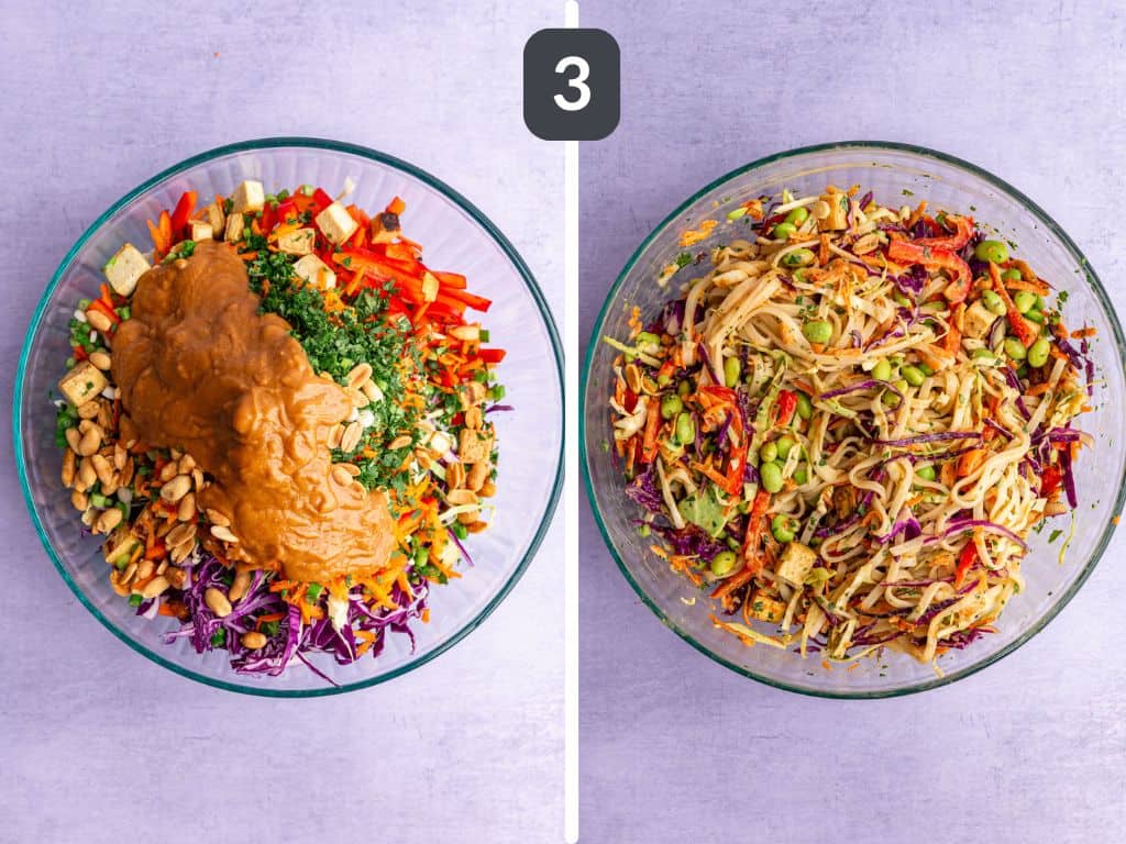 Thai noodle bowl step 3 - toss all the ingredients.