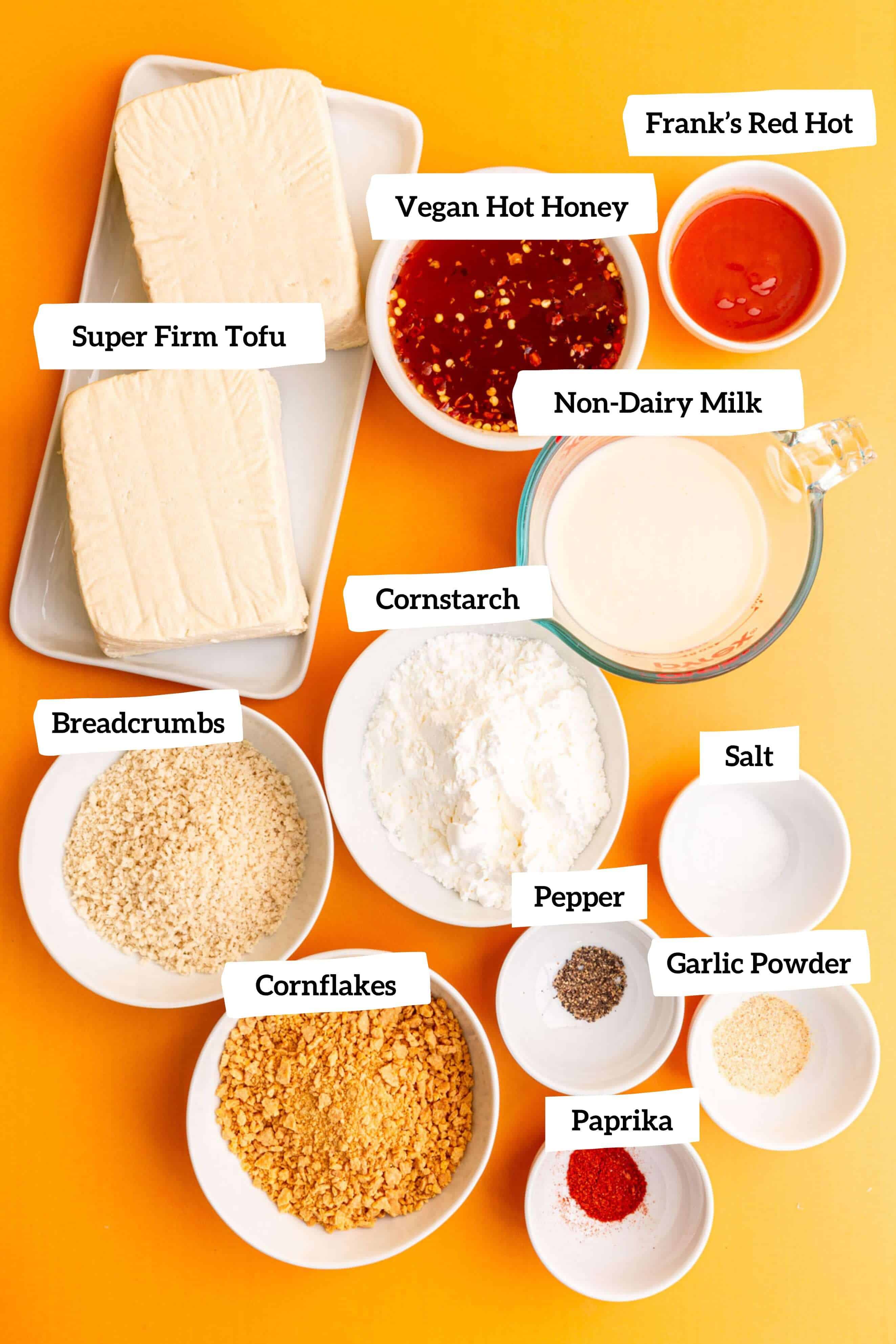 Vegan hot honey tofu ingredients.