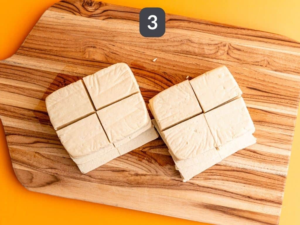Vegan hot honey step 3 - cut the tofu into patties.