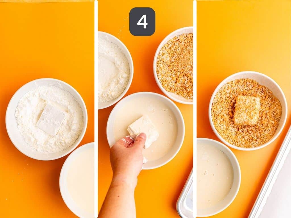 Vegan hot honey step 4 - bread the tofu.