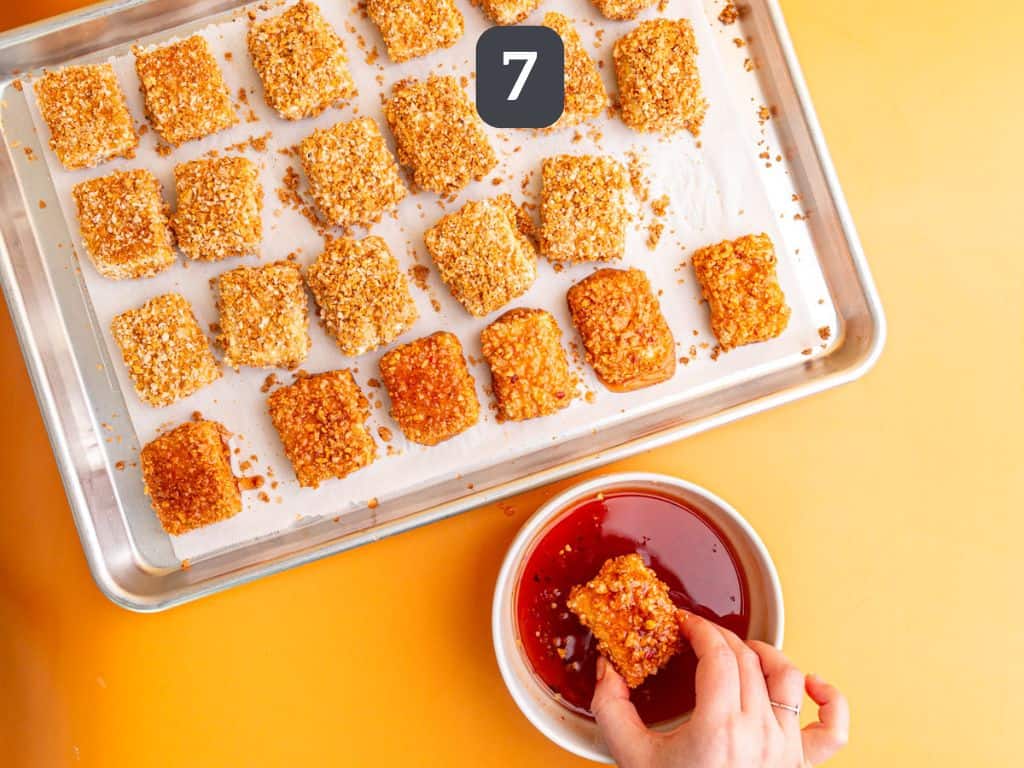 Vegan hot honey step 7 - dip each piece in hot honey.