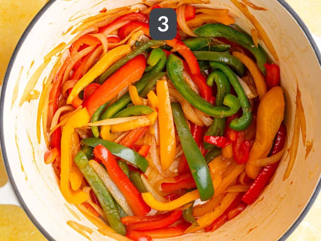 Vegan Rasta Pasta Step 3 - cook the peppers and onion.