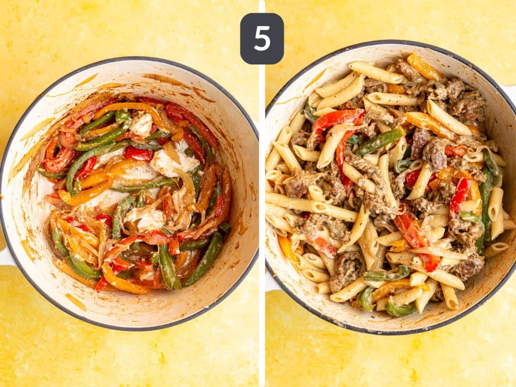 Vegan Rasta Pasta Step 5 - stir in the cream cheese, pasta, and chicken.