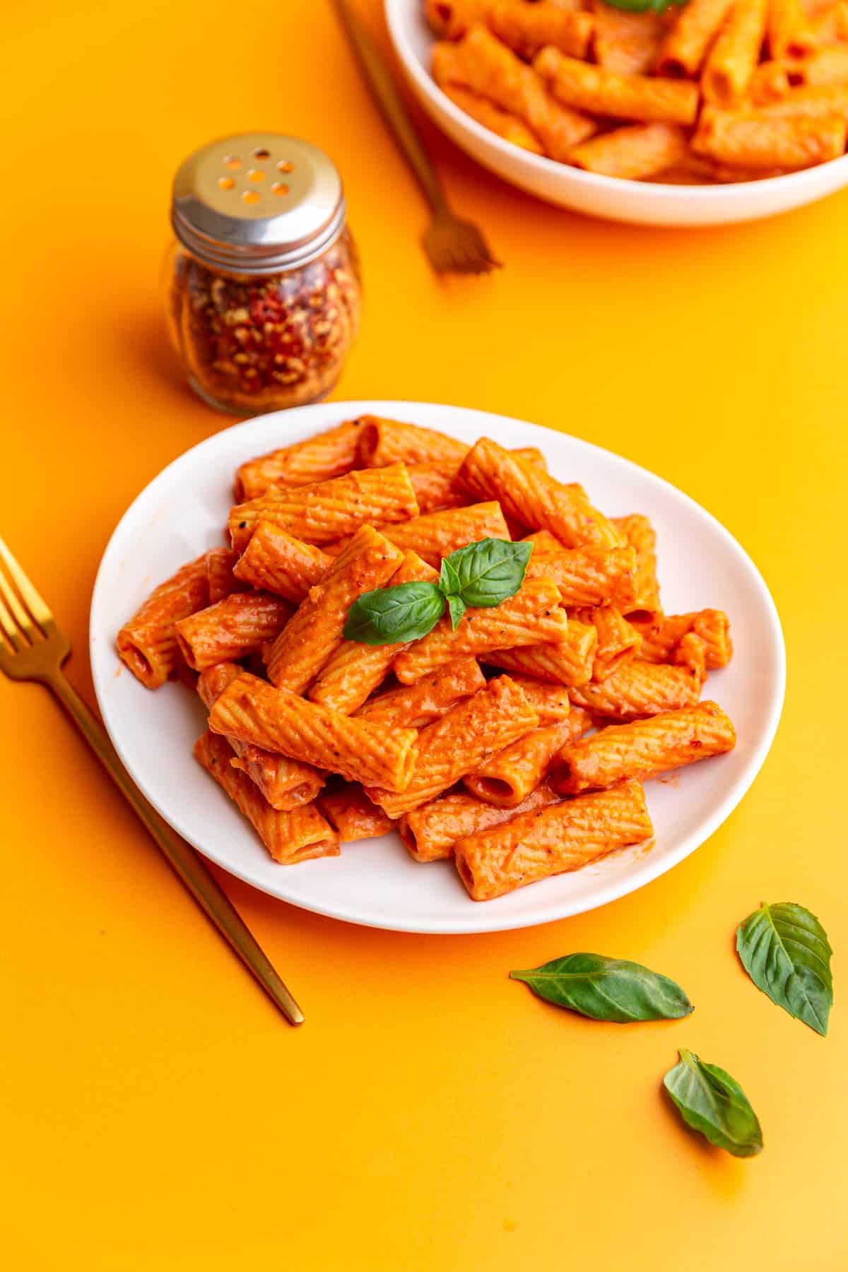 A plate of vegan vodka pasta, ready to serve.