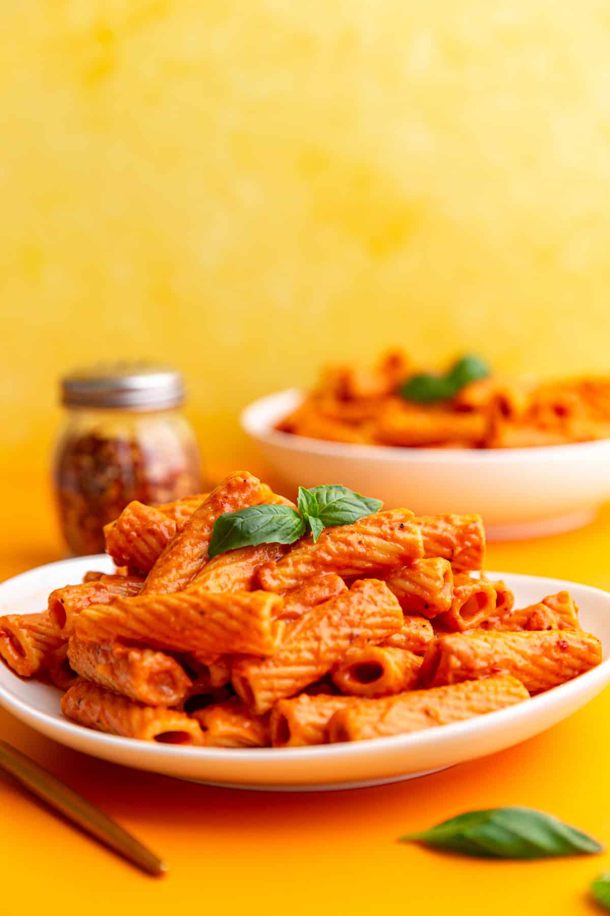 A plate of vegan vodka pasta, ready to serve.
