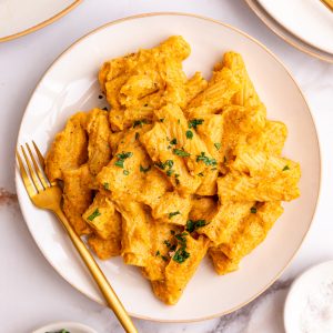 A plate of Creamy Vegetable Pasta Sauce, garnished with parsley.