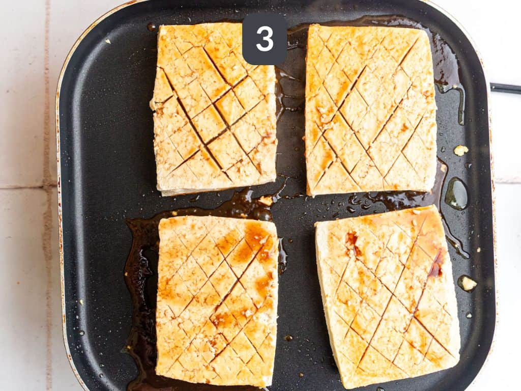 Glazed tofu ham step 3 - pan cook, adding the glaze.