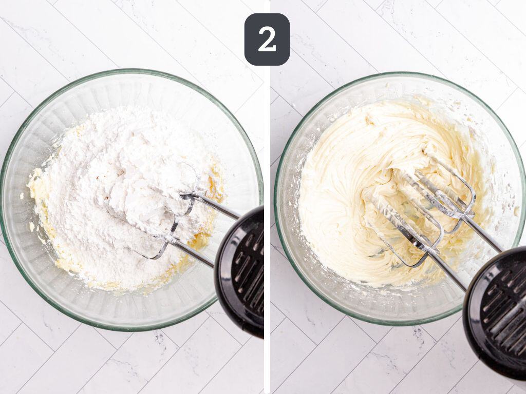 Vegan buttercream step 2 - add the powdered sugar and vanilla and mix.