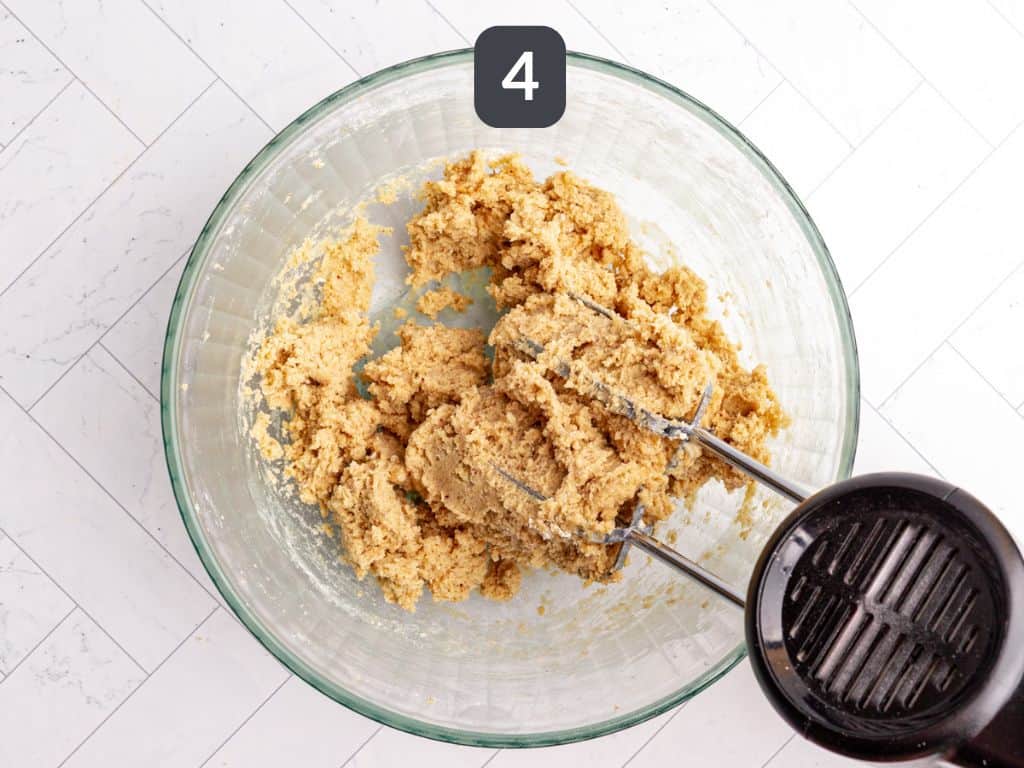 Vegan cookie cake step 4 - add the flour, baking powder, and salt.