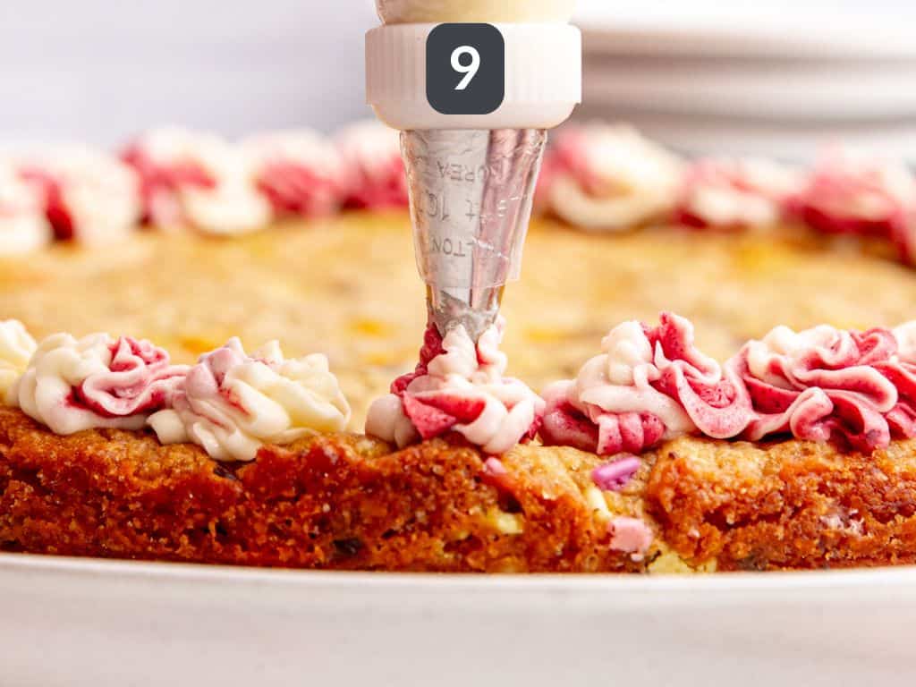 Vegan cookie cake step 9 - frost the cake.