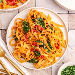 A plate of vegan sundried tomato pasta, ready to serve.