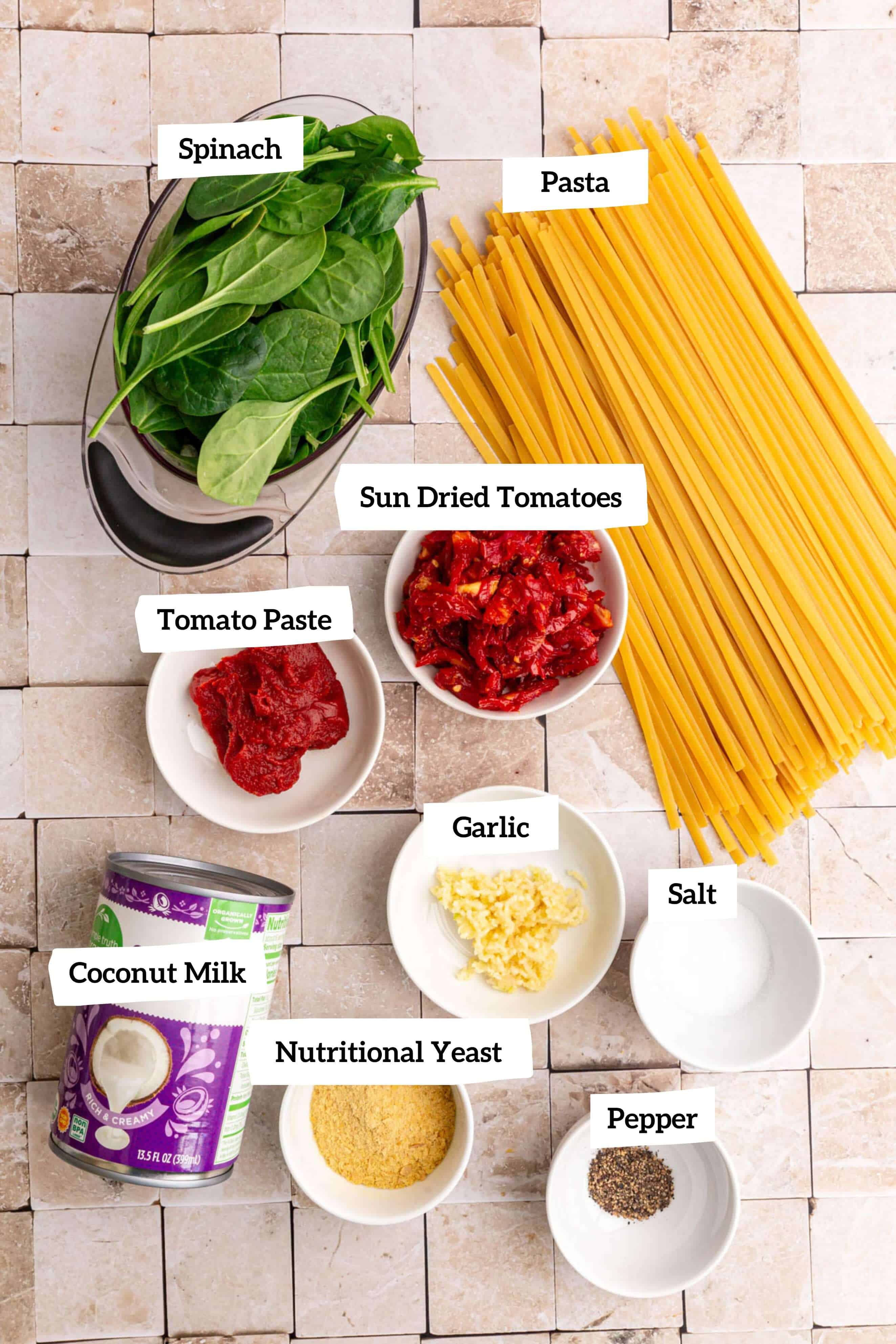 Vegan sundried tomato pasta ingredients.