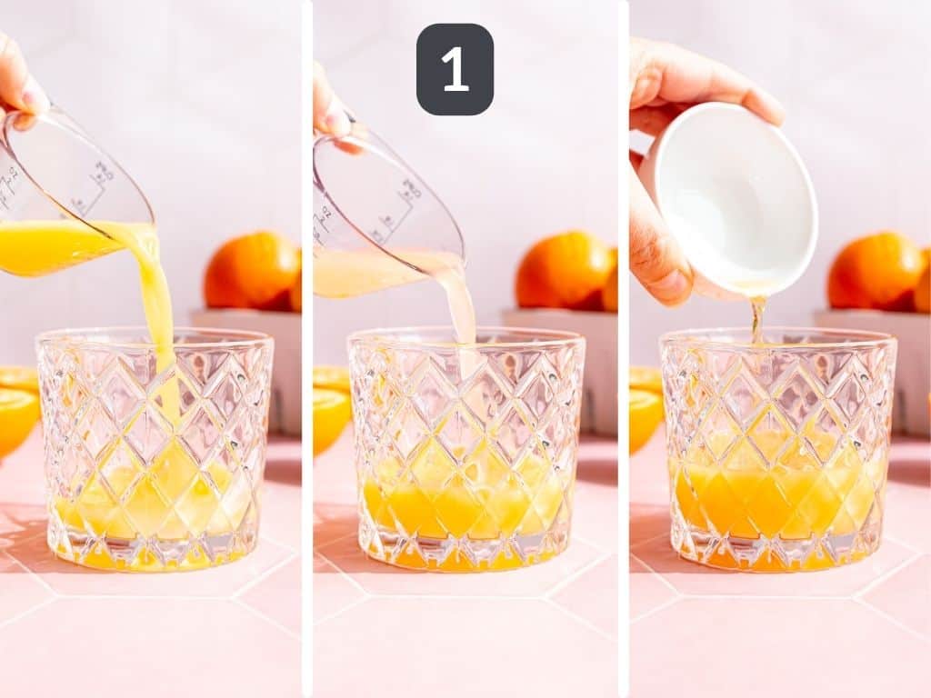 Aperol Spritz Mocktail Step 1 - add the juices and acv.