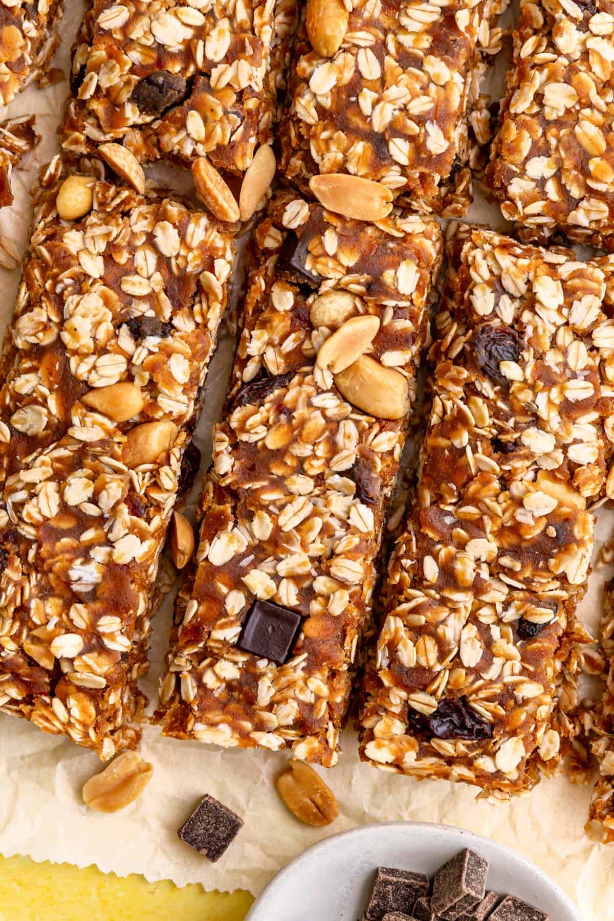 A close up view of the sticky texture of the banana granola bar.