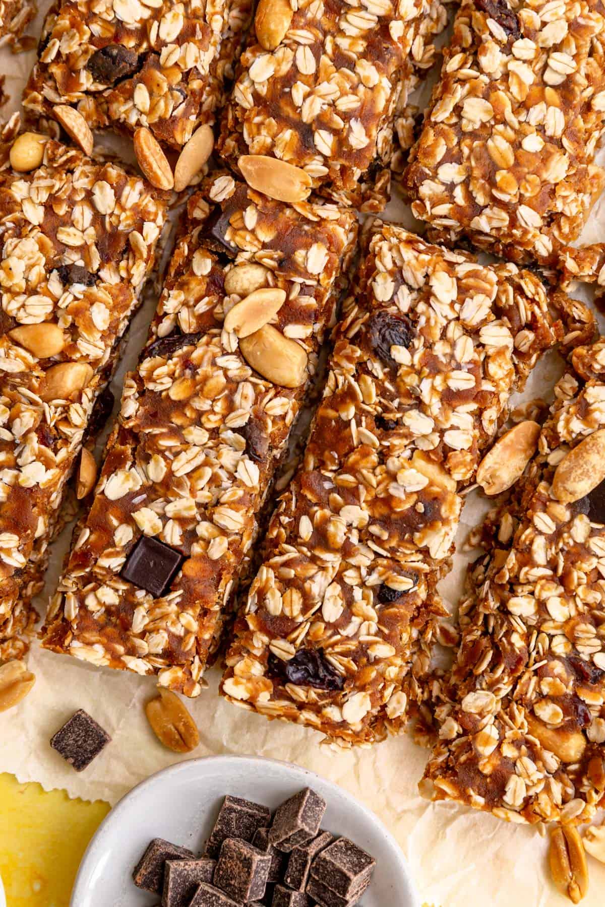 A close up view of the sticky texture of the banana granola bars.