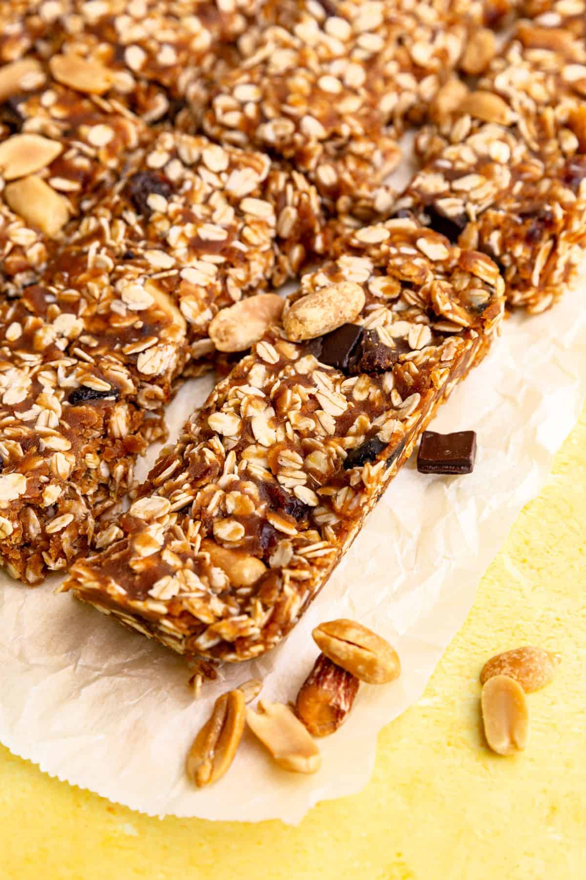 A corner piece of no-bake banana granola bar.