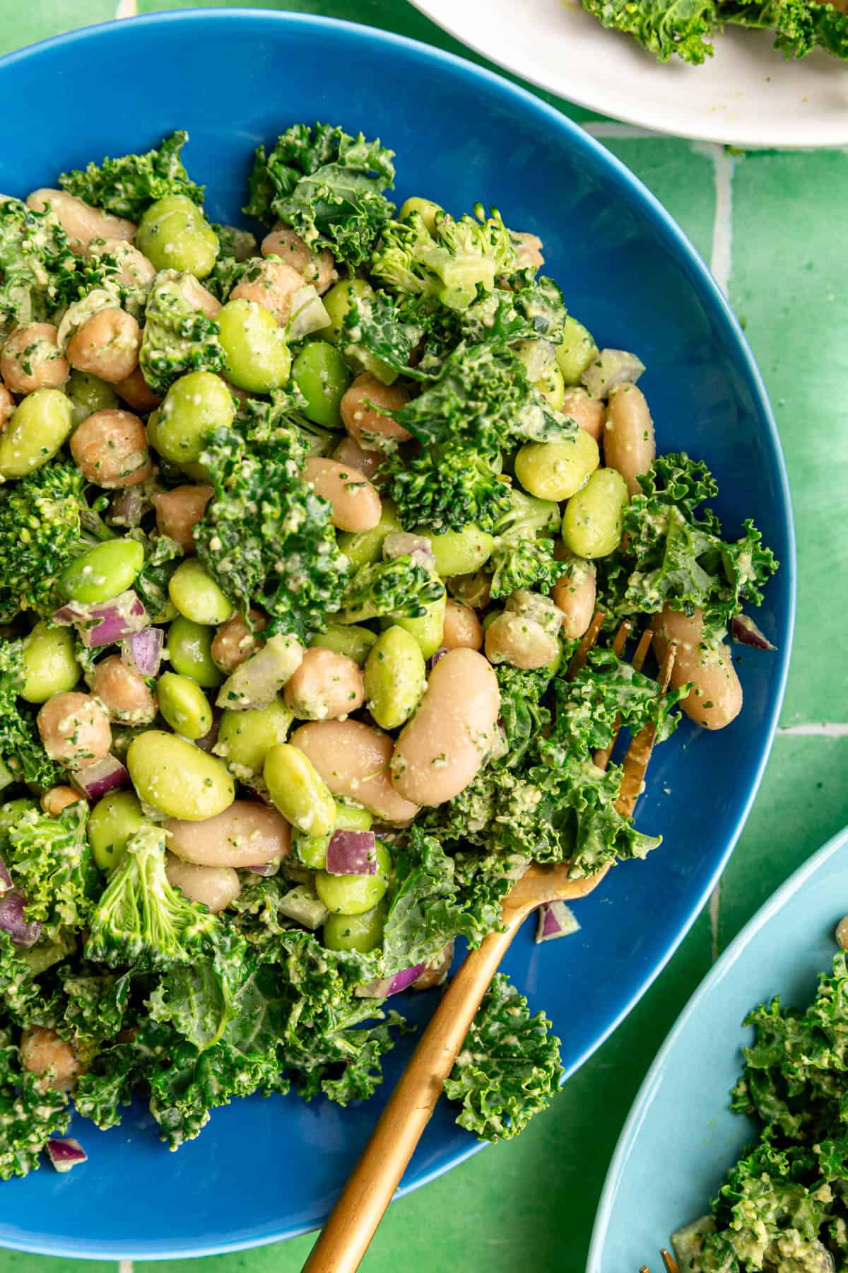 A plate of pesto bean salad, with a fork, ready to eat.
