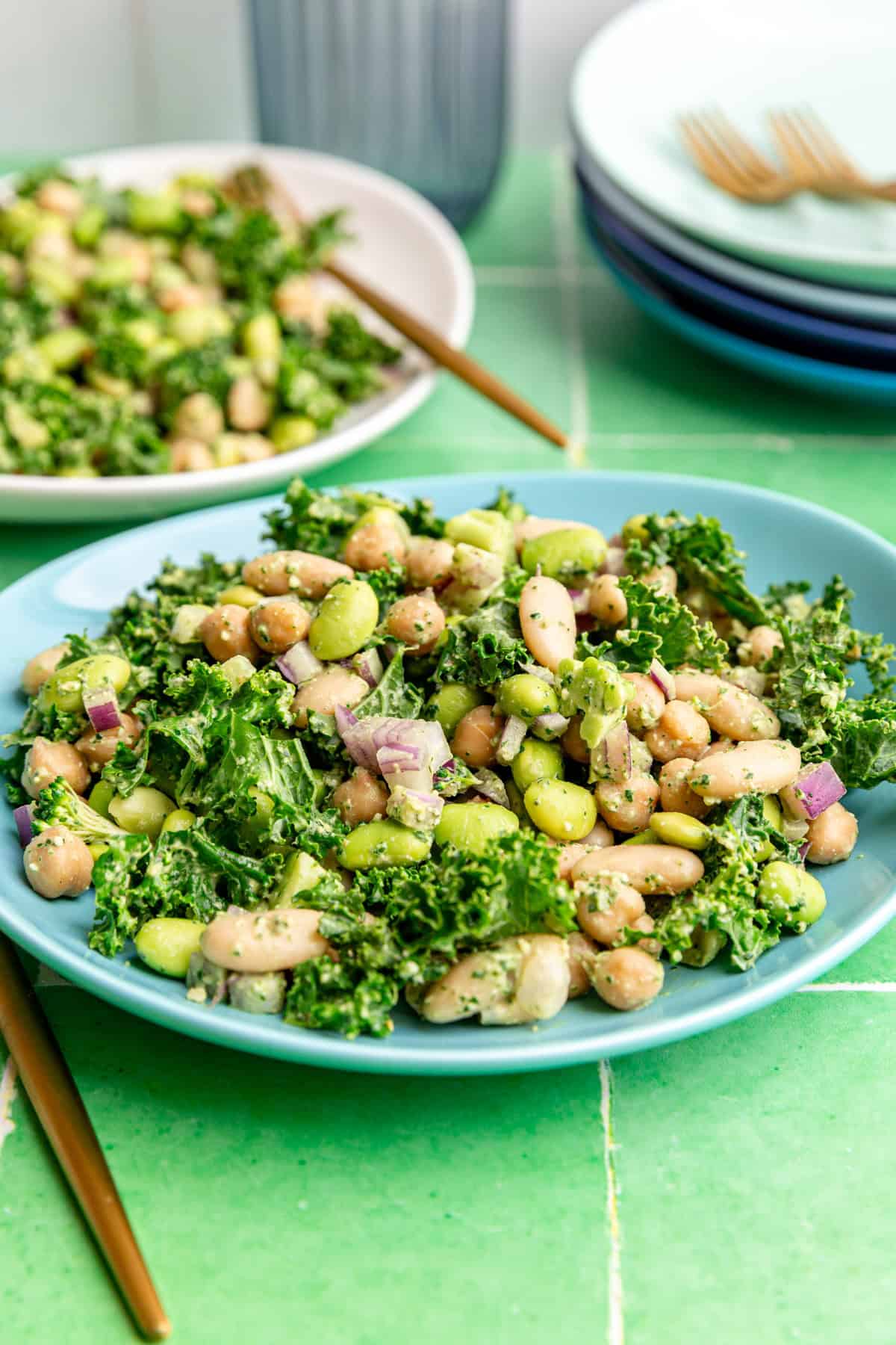 A plate of pesto bean salad.