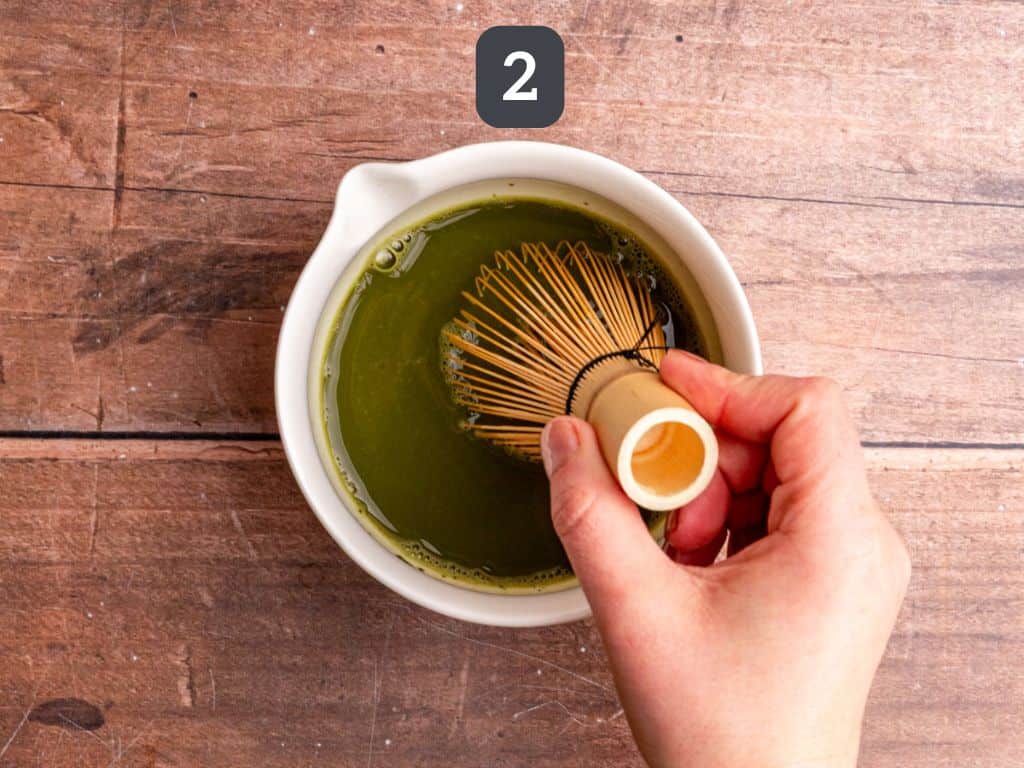 Strawberry Oat Milk Matcha Latte step 2 - whisk the match and hot water.