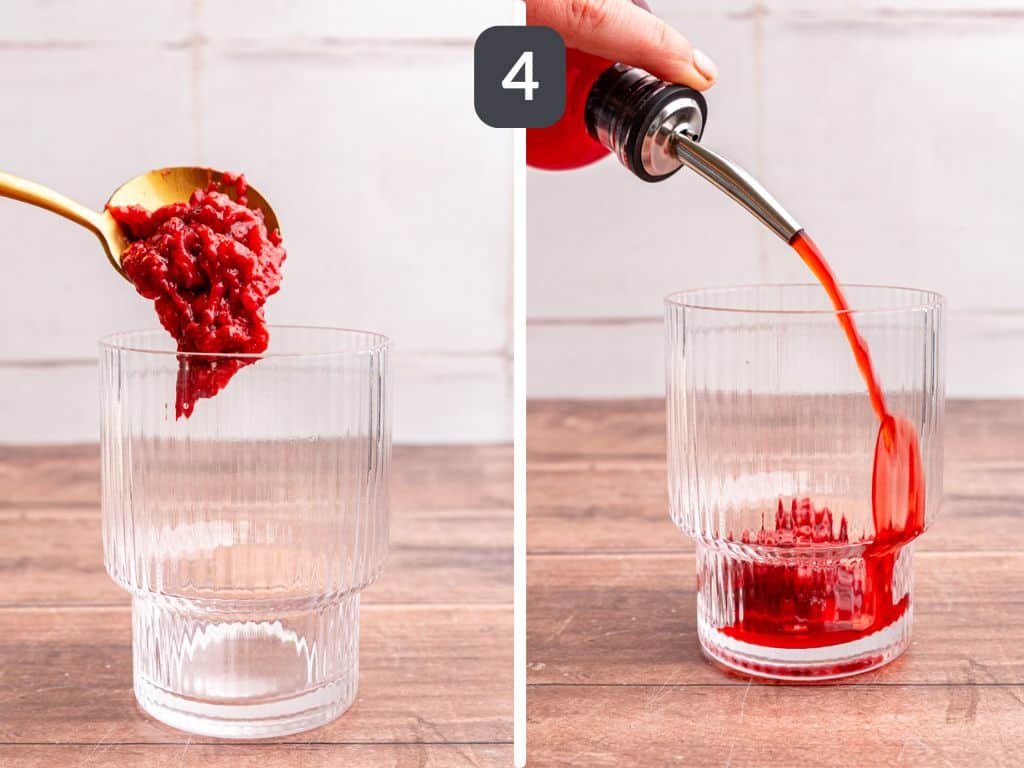 Strawberry Oat Milk Matcha Latte step 4 - add strawberry pulp and syrup to the glass.