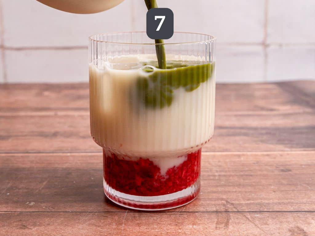 Strawberry Oat Milk Matcha Latte step 7 - pour on the matcha.