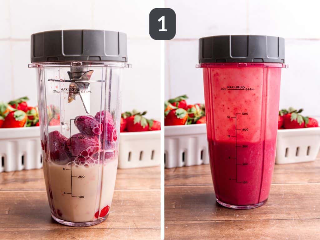 Strawberry matcha smoothie step 1 - blend the strawberry layer.