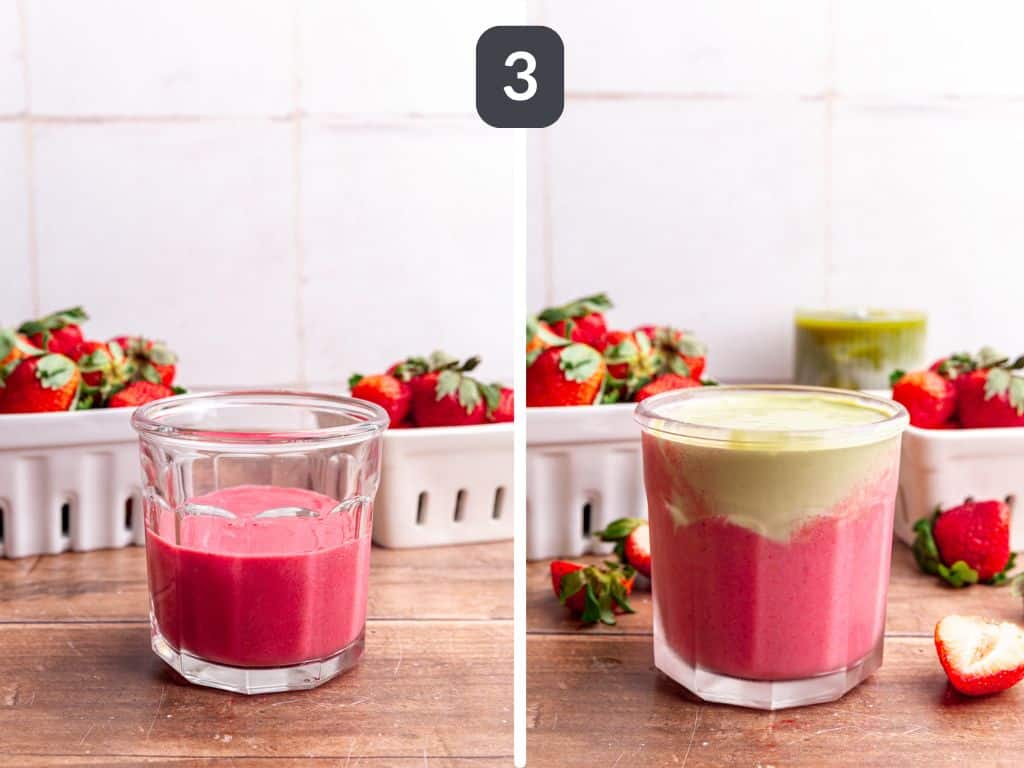Strawberry matcha smoothie step 3 - pour the strawberry layer, then the matcha layer.