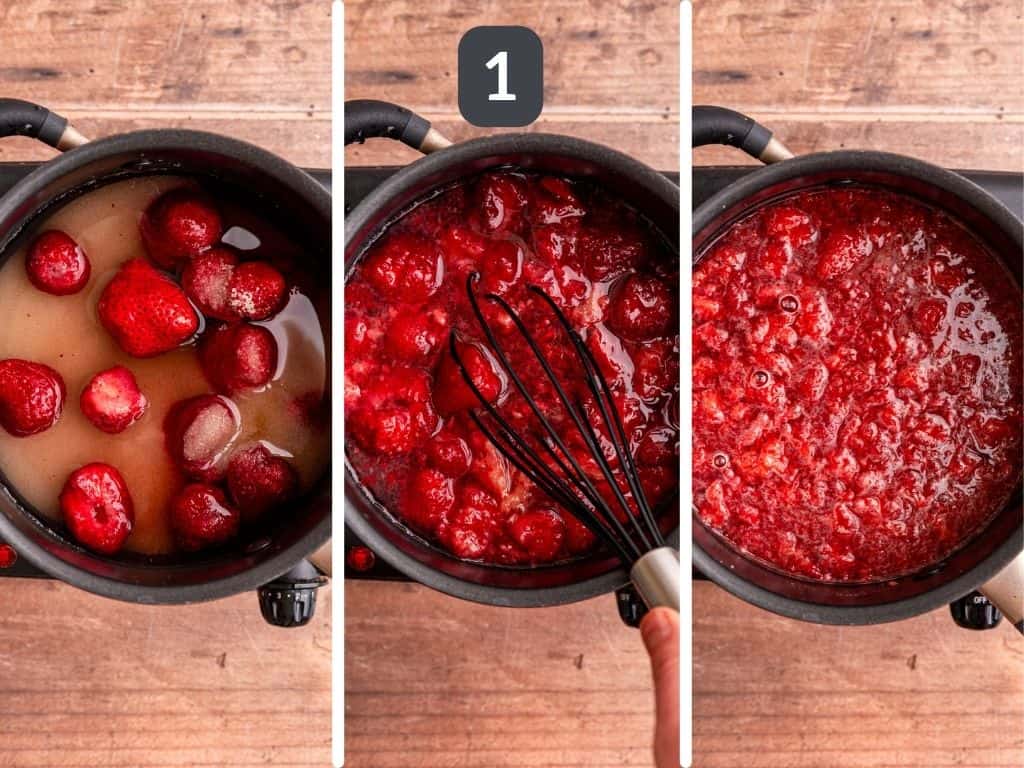 Strawberry simple syrup step 1 - heat the strawberries, water, and sugar.