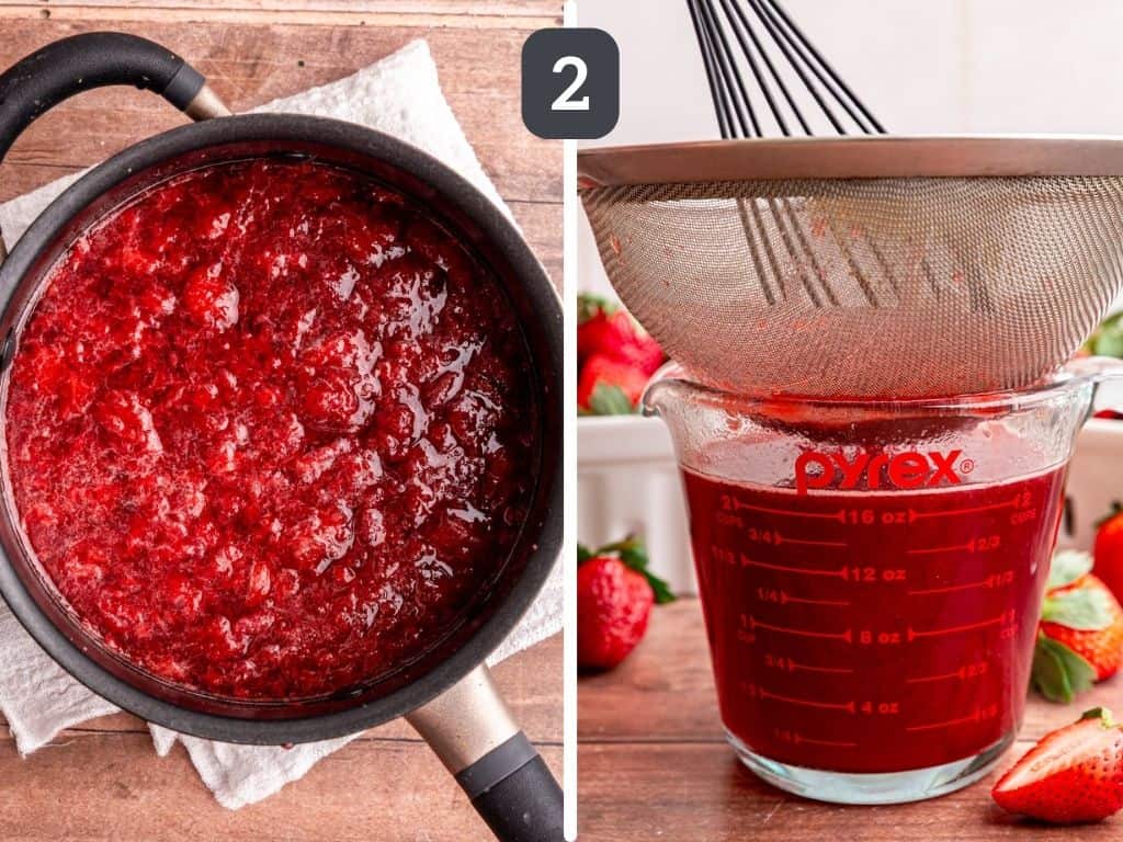 Strawberry simple syrup step 2 - let cool, then strain.