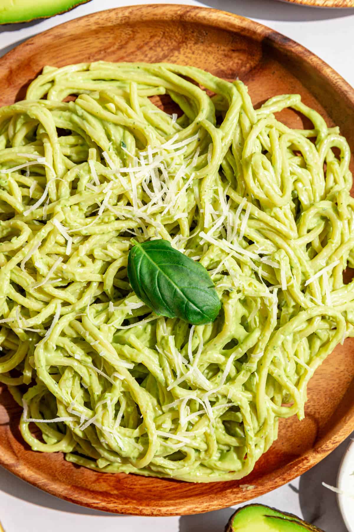 A close up of the creamy texture of the avocado pasta.