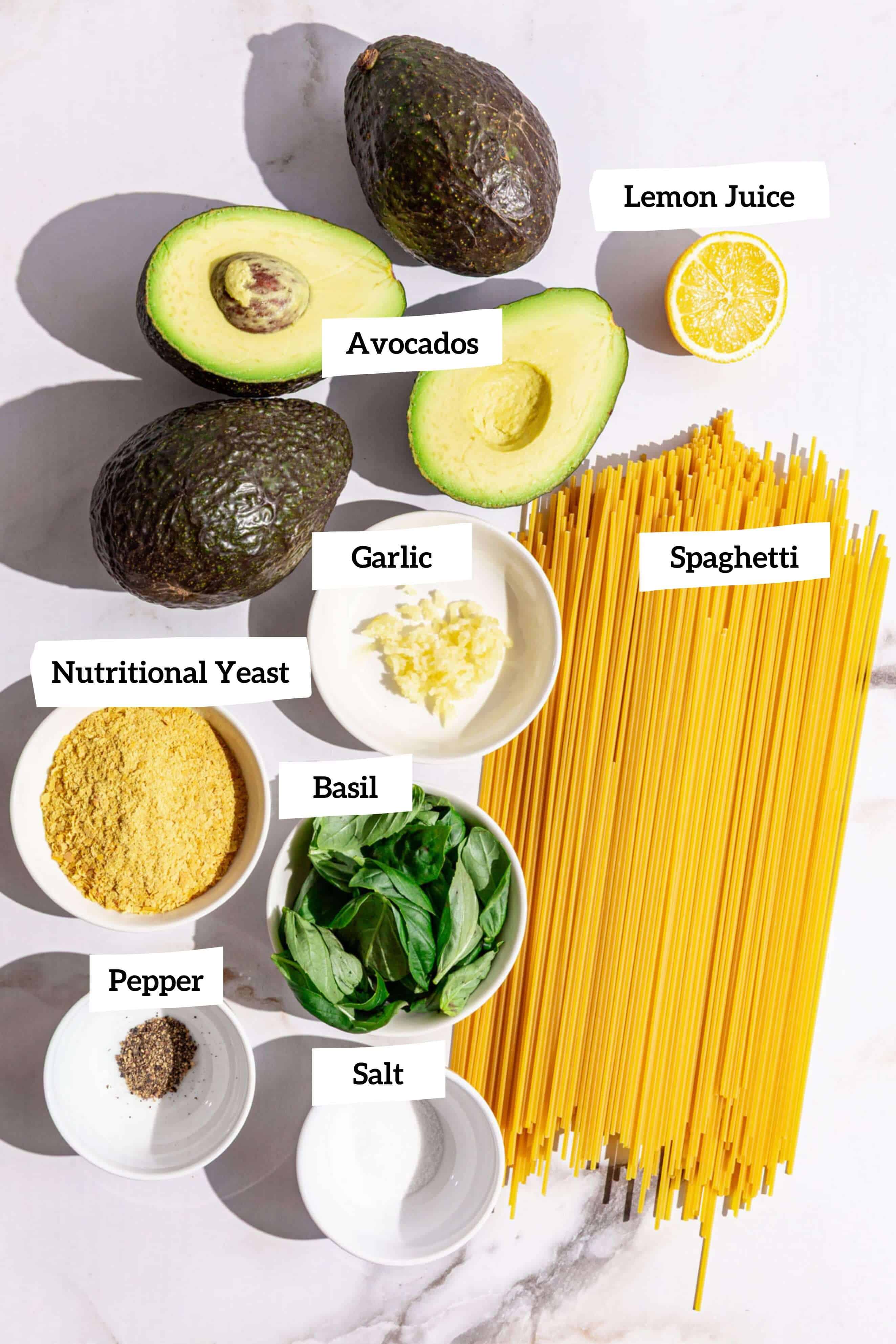 Ingredients for vegan avocado pasta.
