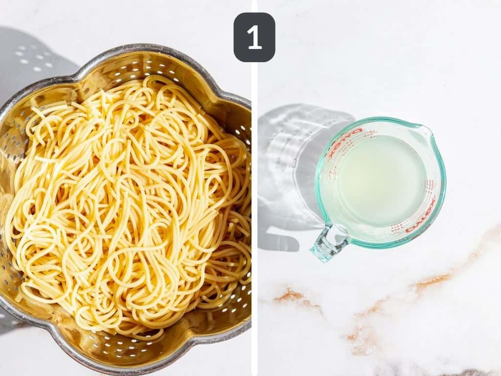 Vegan avocado pasta step 1 - cook the pasta and reserve the pasta water.