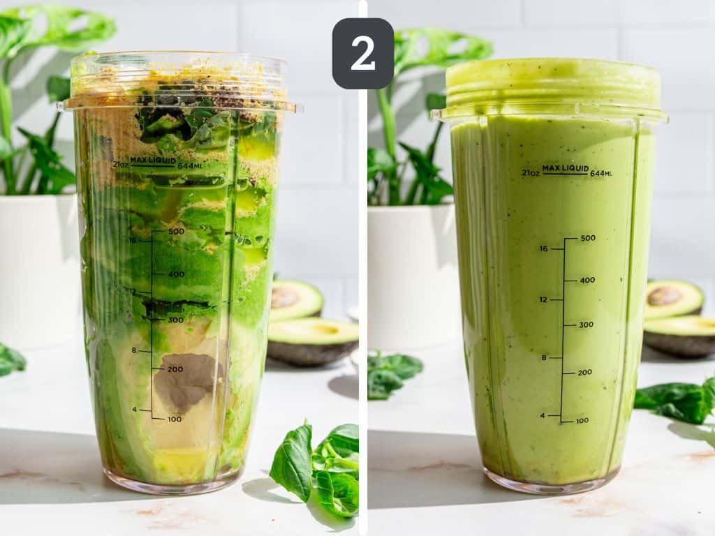 Vegan avocado pasta step 2 - blend the sauce ingredients.