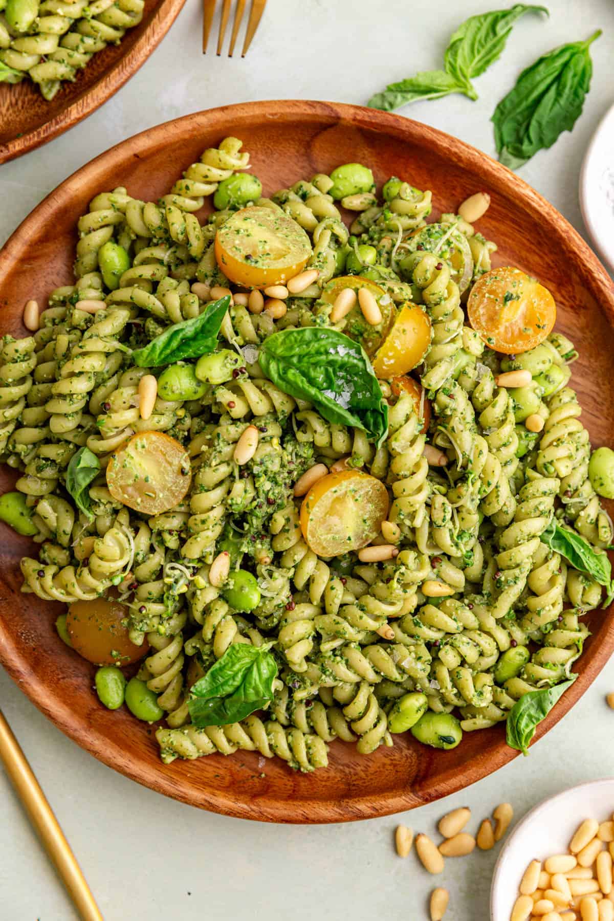 A plate of vegan pesto pasta salad.