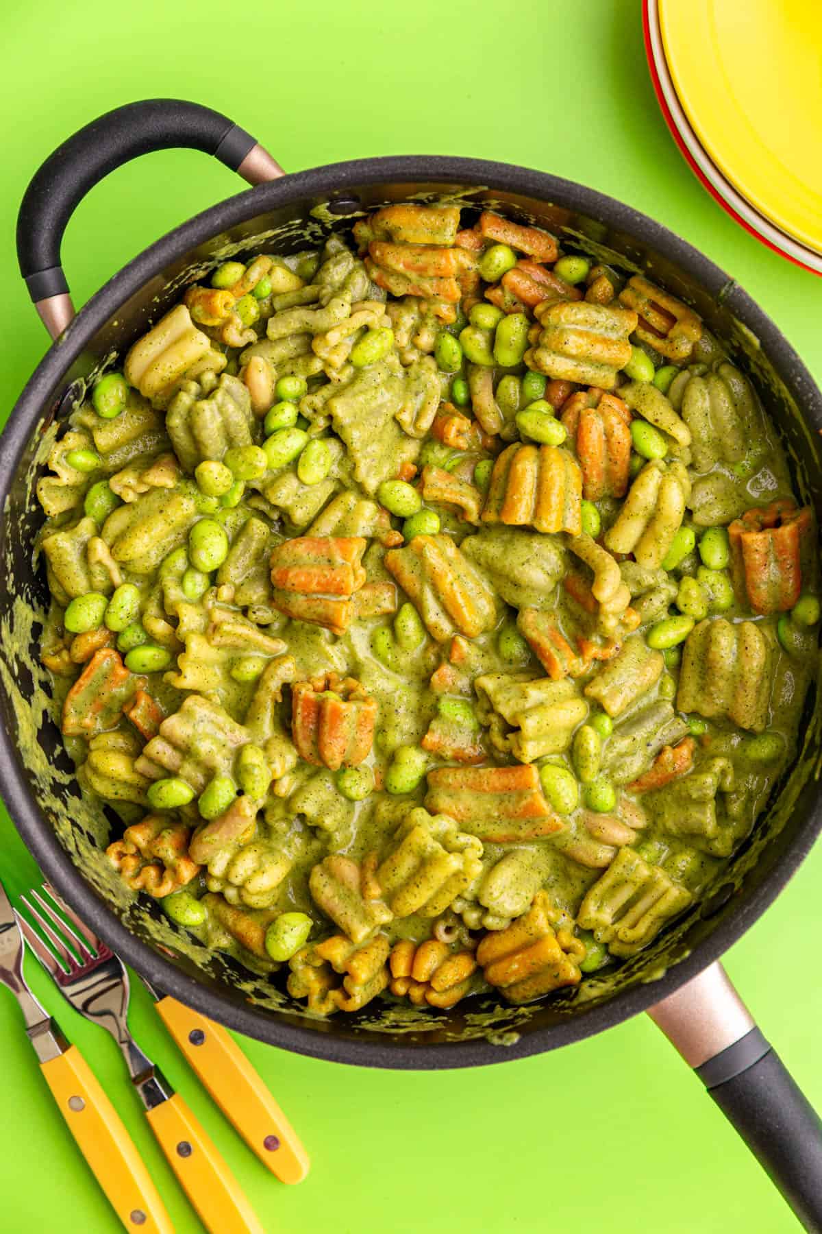 A pan of vegan zucchini pasta, freshly cooked.