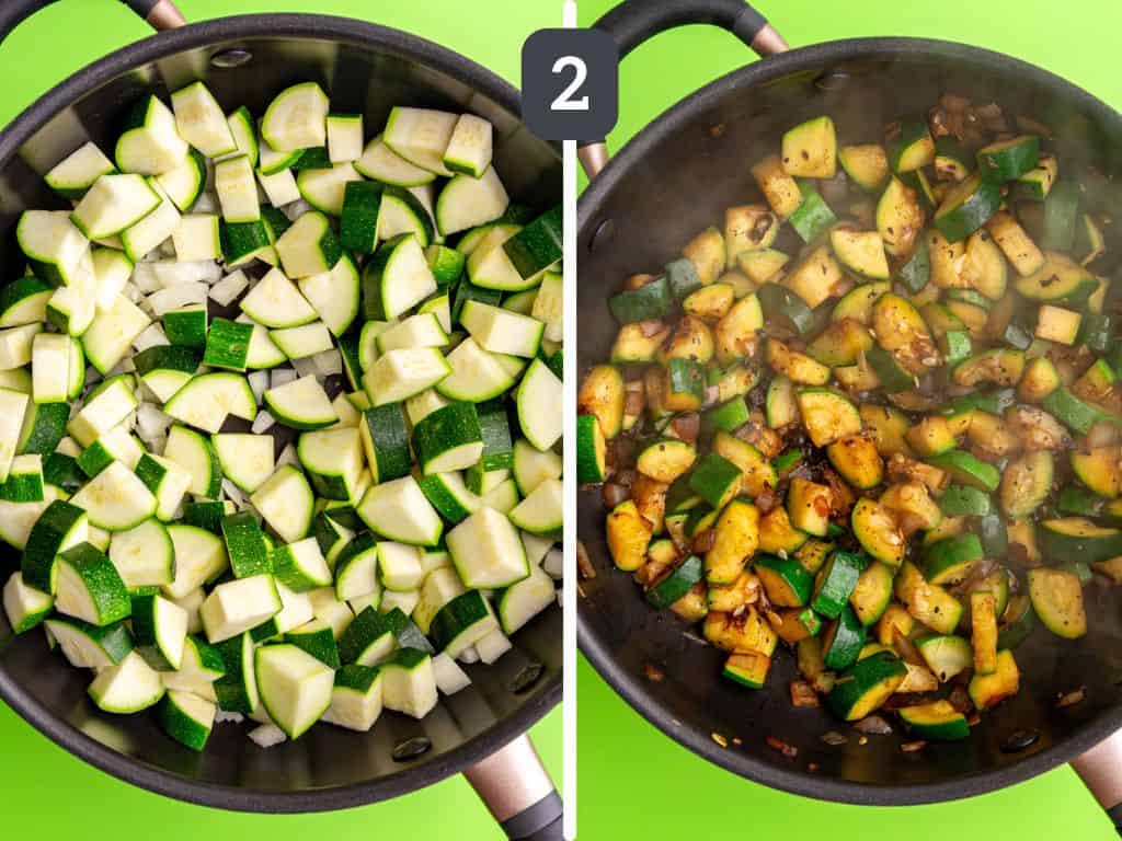 Vegan zucchini pasta step 2 sauté the zucchini and onion.