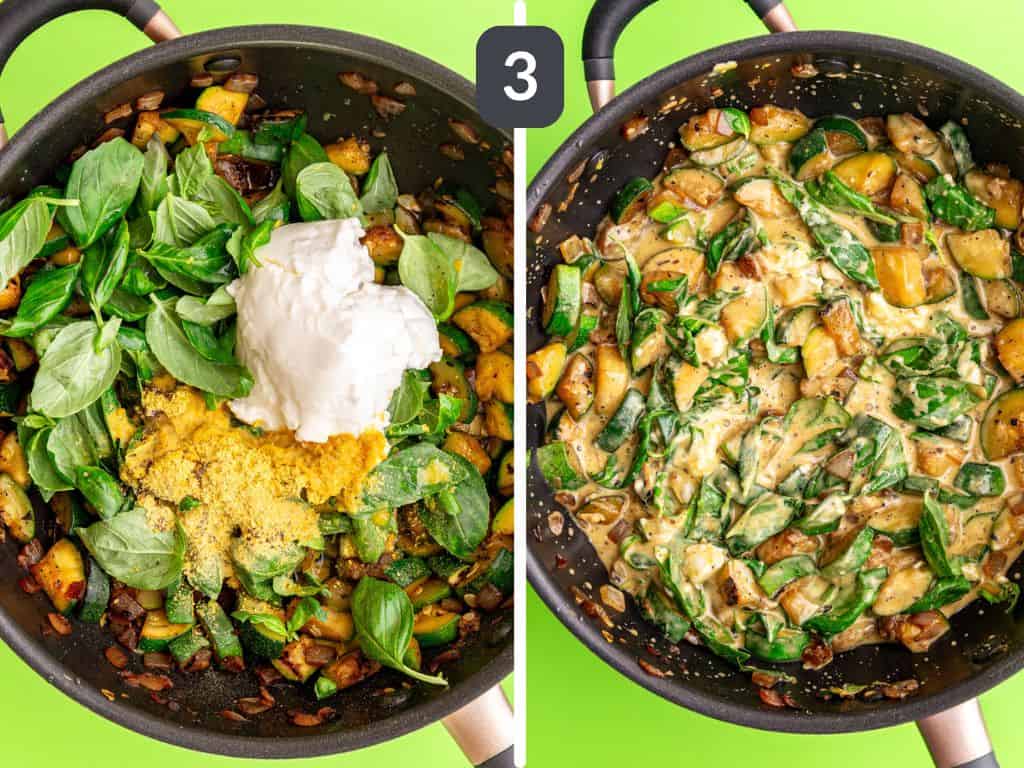 Vegan zucchini pasta step 4 - add the cream cheese, nutritional yeast, and basil.