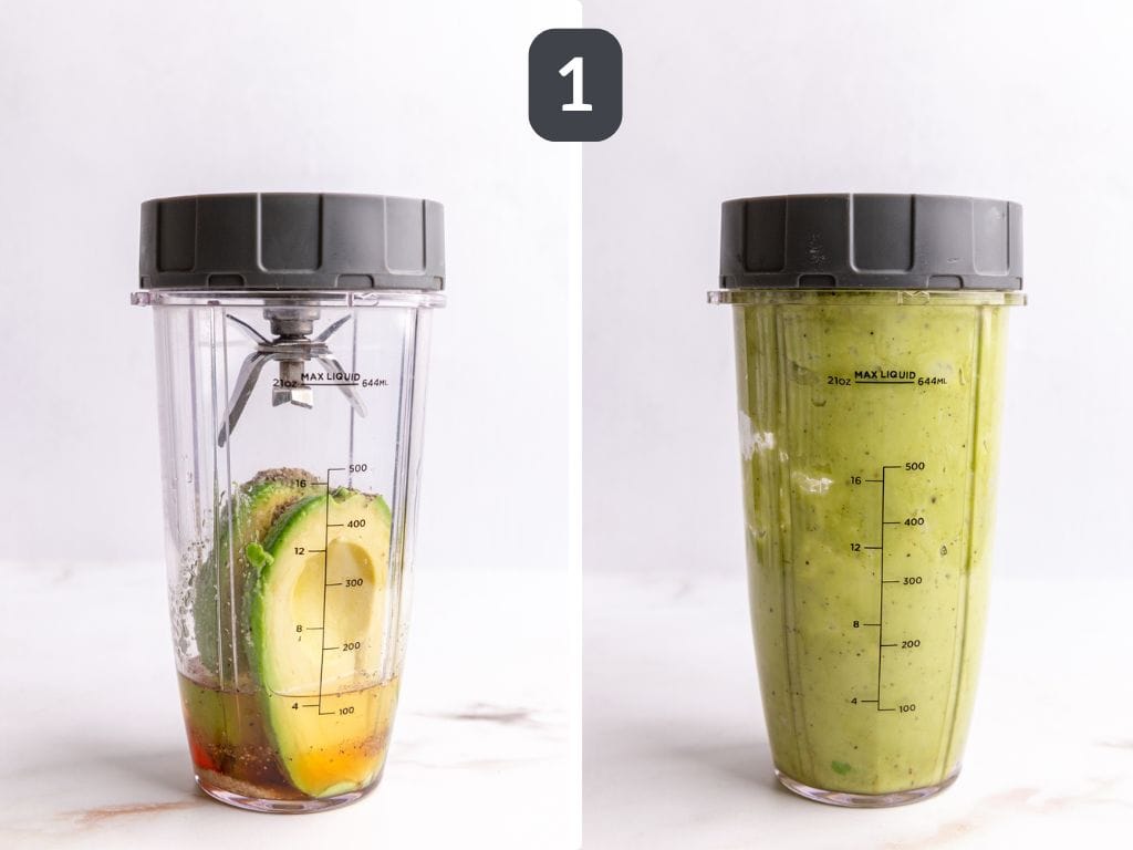 Avocado coleslaw step 1 - blend the avocado and dressing ingredients.