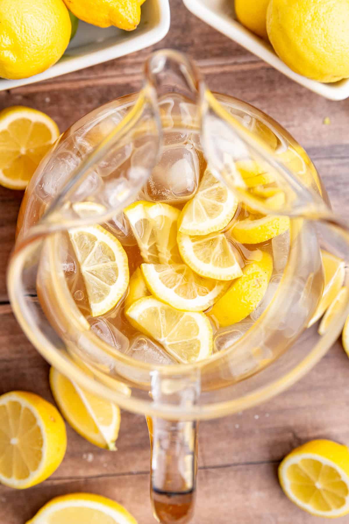 A top down view of a pitcher of brown sugar lemonade.