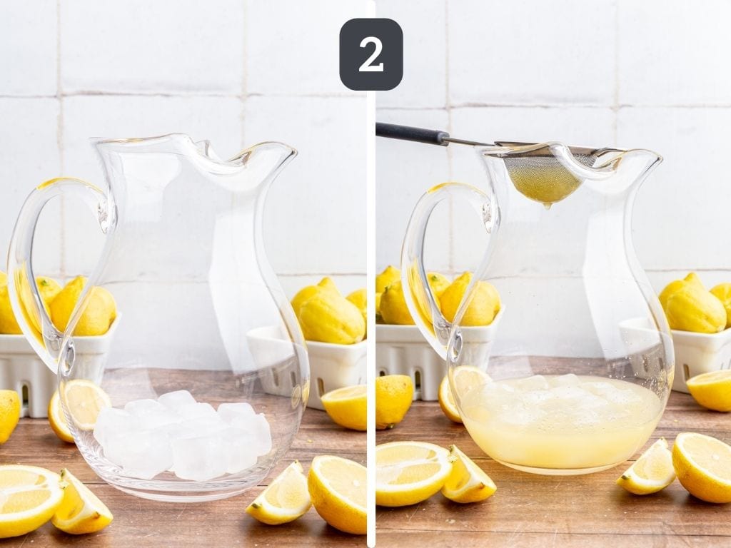 Brown sugar lemonade step 2 - add ice and strain the lemon juice into the pitcher.